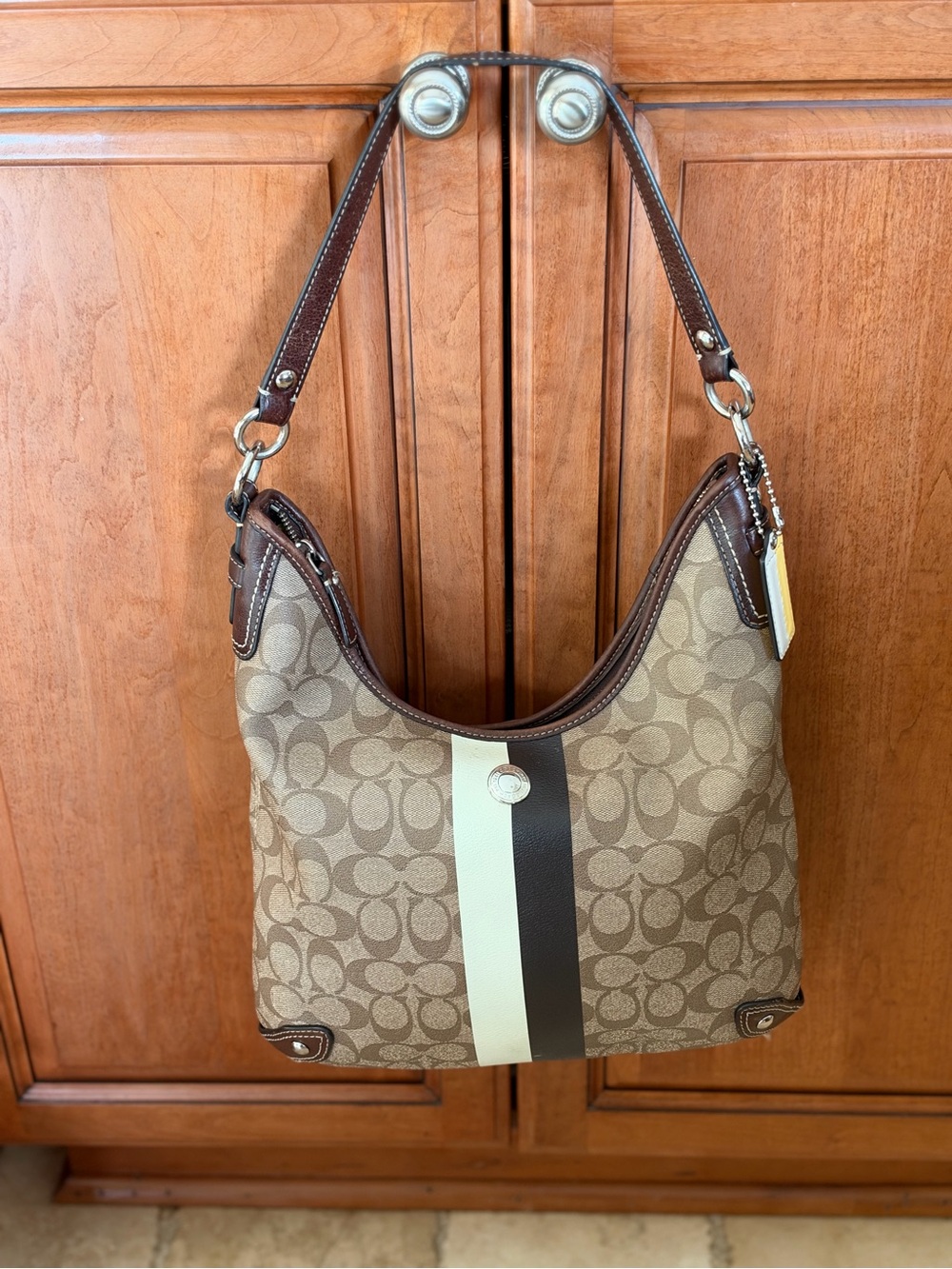 Coach Brown and Cream Signature Stripe Shoulder Bag